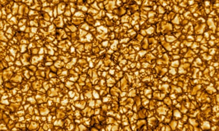 The Daniel K. Inouye Solar Telescope has produced the highest resolution image of the Sun's surface ever taken. In this picture taken at 789nm, we can see features as small as 30km (18 miles) in size for the first time ever. The image shows a pattern of turbulent, “boiling” gas that covers the entire sun. The cell-like structures – each about the size of Texas – are the signature of violent motions that transport heat from the inside of the sun to its surface. Hot solar material (plasma) rises in the bright centers of “cells,” cools off and then sinks below the surface in dark lanes in a process known as convection. In these dark lanes we can also see the tiny, bright markers of magnetic fields. Never before seen to this clarity, these bright specks are thought to channel energy up into the outer layers of the solar atmosphere called the corona. These bright spots may be at the core of why the solar corona is more than a million degrees! The scale of this image is 11.6 km/pix, covering an area of 38,300 x 38,300km (23,800 x 23,800 miles, 50 x 50 arcseconds). Image Use: The images and movies shown here are part of the facility Science Verification Phase. They are for the sole purpose of promotion and are not released for scientific use. Science Verification Phase data is proprietary to the DKIST project, and its use for publications or outreach purposes requires approval by the NSO Director, and notification to the cognizant NSF program officer. Please contact outreach@nso.edu for details and questions. The original data are still being processed and are not fully calibrated for scientific use. Images have been processed to remove noise and enhance the visibility (contrast) of small-scale (magnetic) features while maintaining their shape. The movie frames have been smoothed to remove noise. For full image use policies please visit https://nso.edu/about/image-use-policy/